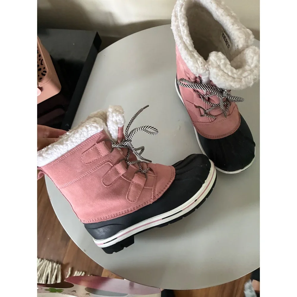 Cat & Jack Girls Pink Black Winter Snow Boots Faux Fur Lined Size 3